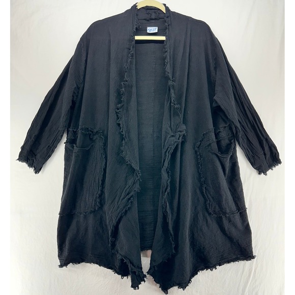Oh My Gauze! Sweaters - Oh My Gauze Womens Black Cotton Gauze Frayed Open Front Cardigan Jacket Pockets